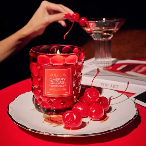 Voluspa Boxed Textured Glass Candle Cherry Gloss 184g Fashion