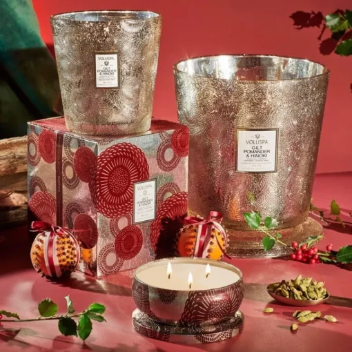 Voluspa 3-Wick Candle Decorative Tin Gilt Pomander & Hinoki 340g Discount