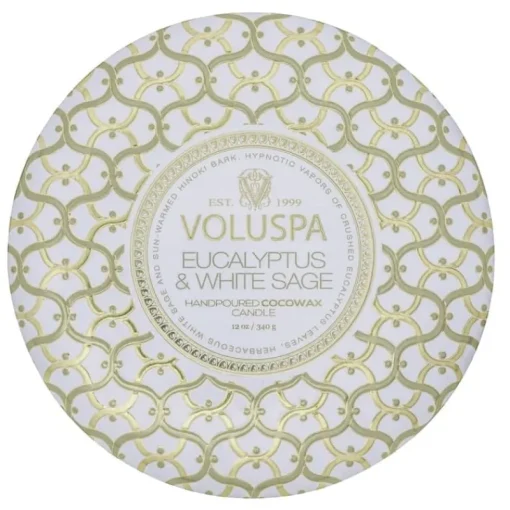 Voluspa 3-Wick Candle Decorative Tin Eucalyptus & White Sage 340g Clearance