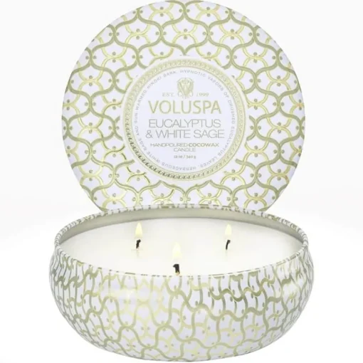 Voluspa 3-Wick Candle Decorative Tin Eucalyptus & White Sage 340g Clearance