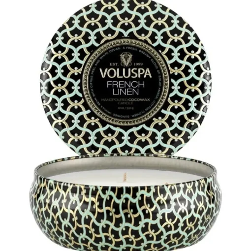 Voluspa 3-Wick Candle Decorative Tin French Linen 340g Discount