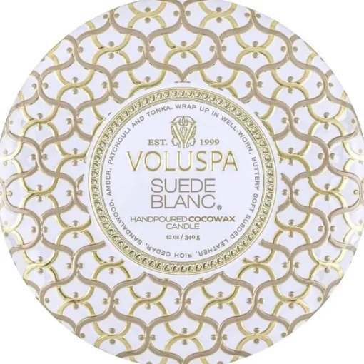Voluspa 3-Wick Candle Decorative Tin Suede Blanc 340g New