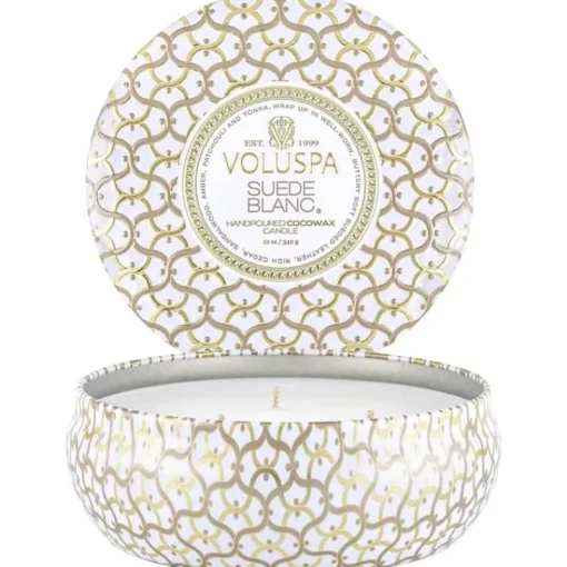 Voluspa 3-Wick Candle Decorative Tin Suede Blanc 340g New