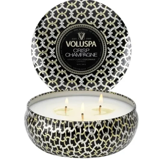 Voluspa 3-Wick Candle Decorative Tin Crisp Champagne 340g Hot