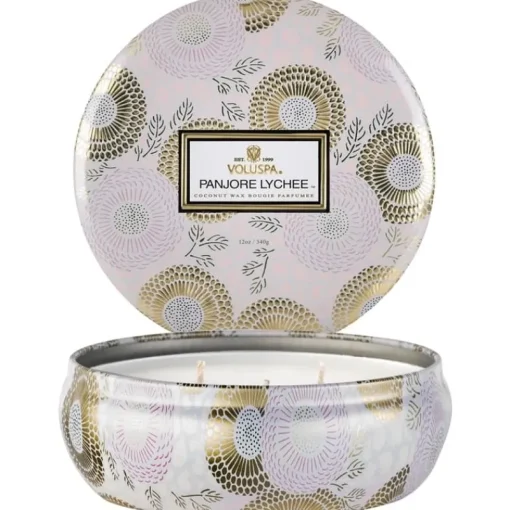 Voluspa 3-Wick Candle Decorative Tin Panjore Lychee 340g Hot