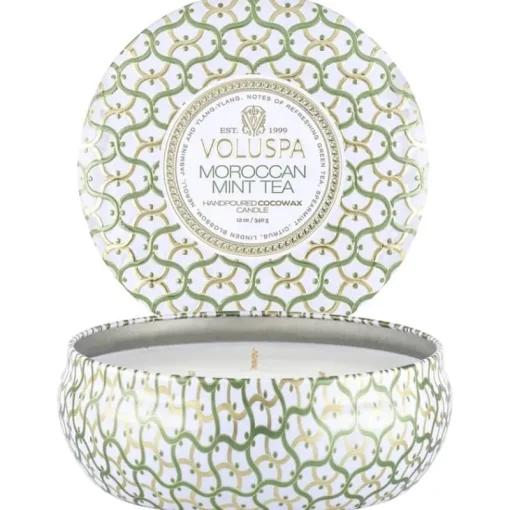 Voluspa 3-Wick Candle Decorative Tin Moroccan Mint Tea 340g Sale